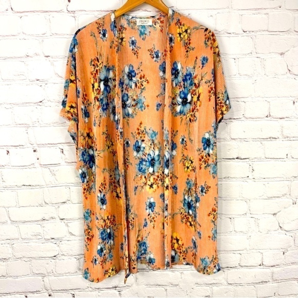 Frumos Kimono Shrug Womens  Blush Pink Blue Floral Lightweight Ribbed